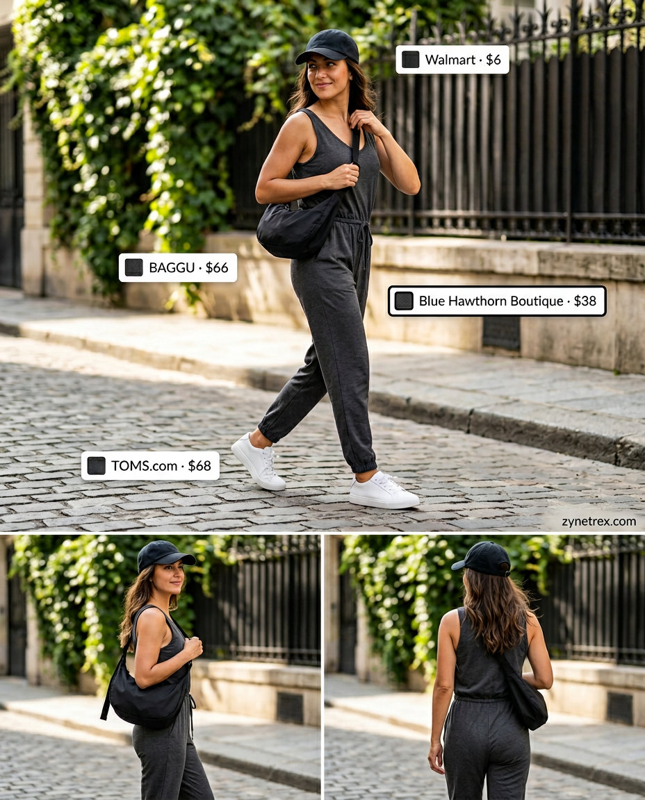 Comfortable athleisure jumpsuit outfit for women 2026, charcoal grey knit with sneakers and crossbody bag.