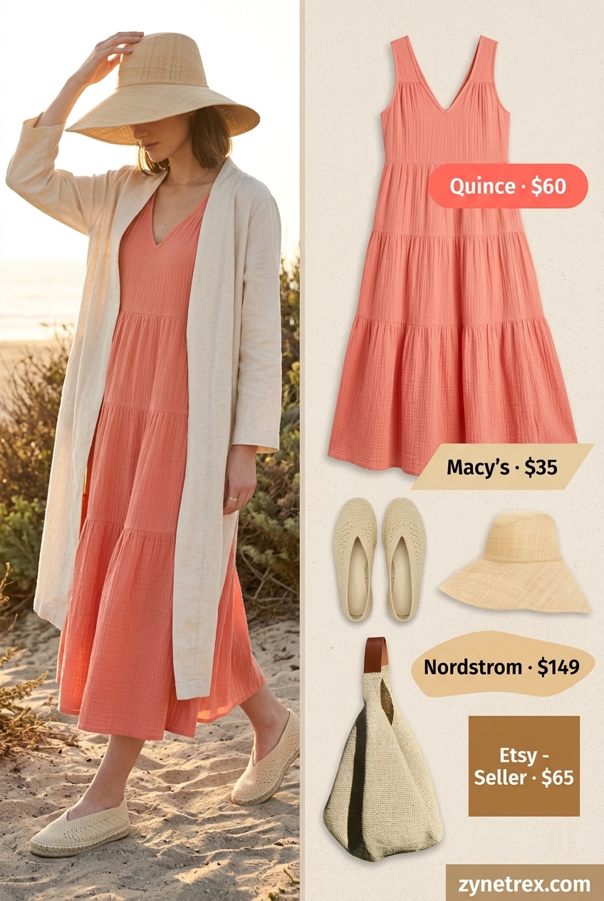 Bohemian beach dress outfit for women 2026, featuring a coral maxi dress, straw hat, and espadrilles.