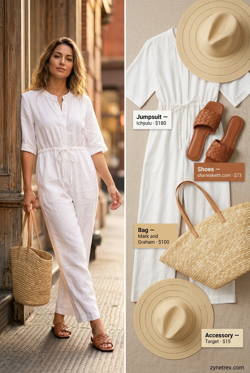 Boho beachside jumpsuit outfit for women 2026, featuring ecru linen jumpsuit, straw hat, and leather slides.