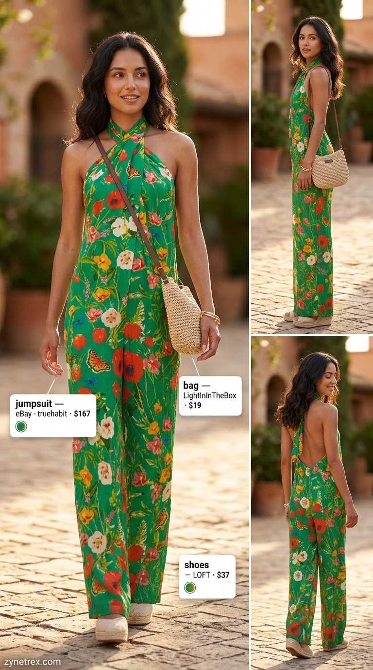 Garden party jumpsuit outfit for women 2026, with a floral print, espadrille wedges, and straw crossbody.