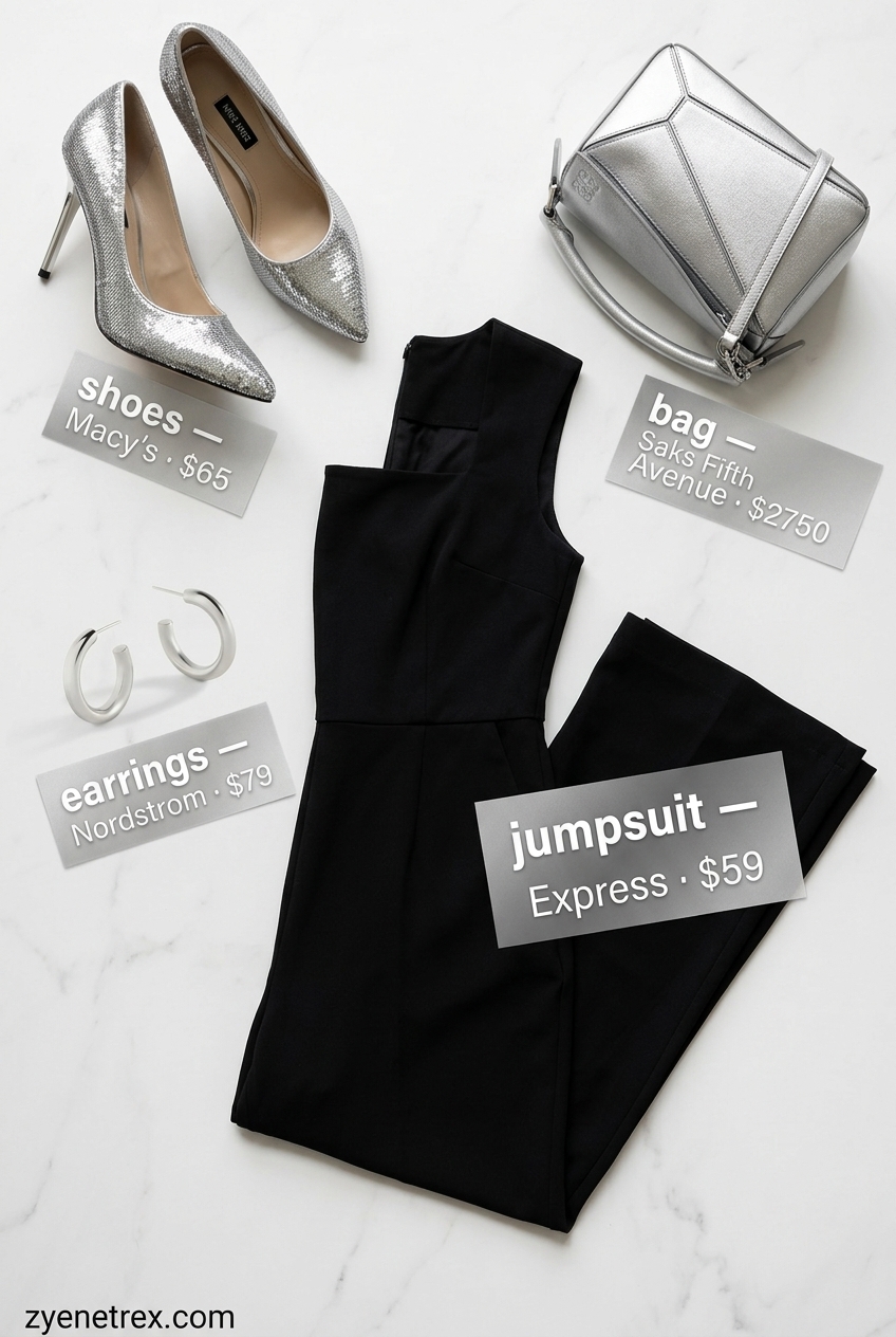 Chic evening jumpsuit outfit for women 2026, in black with silver stiletto heels and hoop earrings.