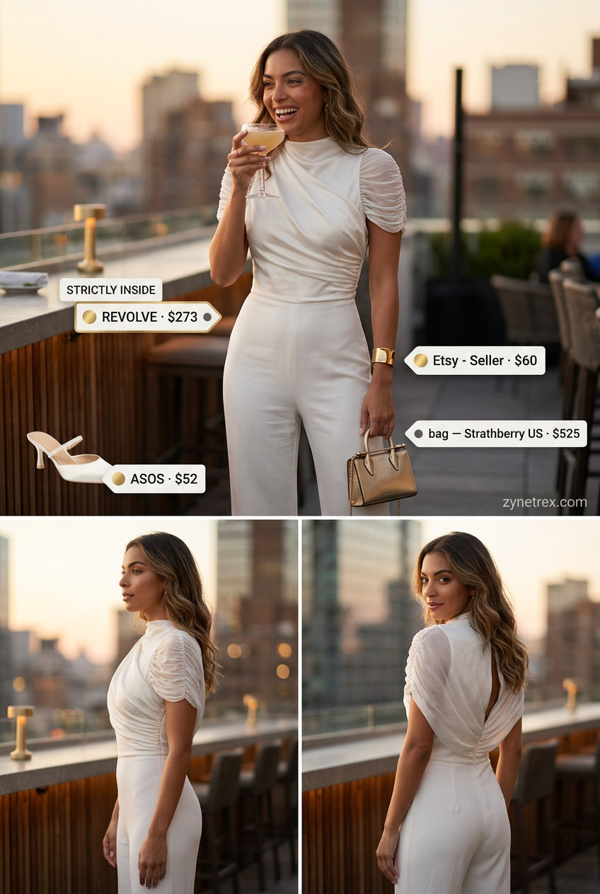 Chic evening jumpsuit outfit for women 2026, ivory wide-leg with cream mules and gold accessories.