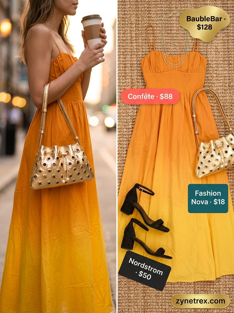Glamorous evening dress outfit for women 2026, a sunset ombre maxi dress with black heels and gold jewelry.