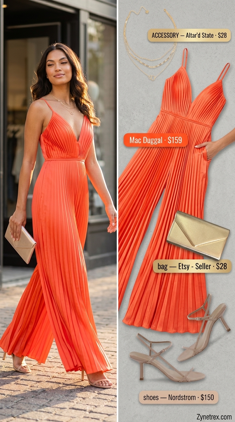 Glamorous evening jumpsuit outfit for women 2026, coral wide-leg with nude heels and gold clutch.