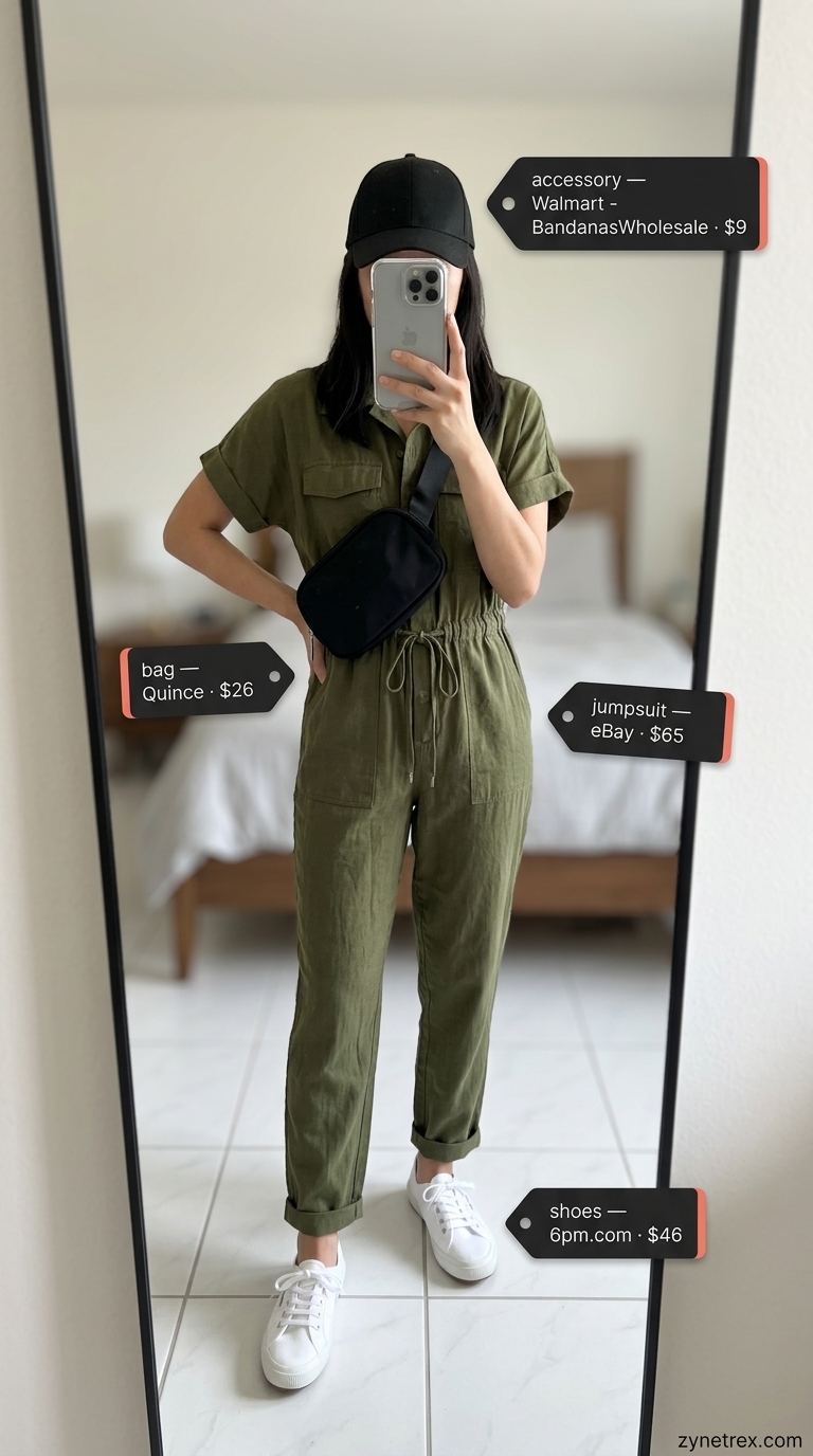 Olive green utility jumpsuit with white sneakers for dressy summer jumpsuit outfits for women 2026 casual city exploration.