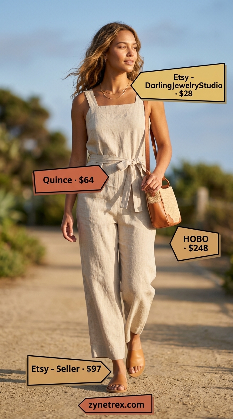 Soft beige linen jumpsuit with floral scarf for dressy summer jumpsuit outfits for women 2026 coastal outings.
