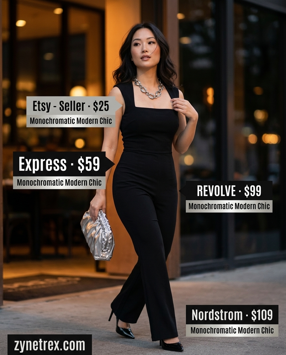 Sleek black wide-leg jumpsuit with silver metallic clutch for dressy summer jumpsuit outfits for women 2026 evening events.