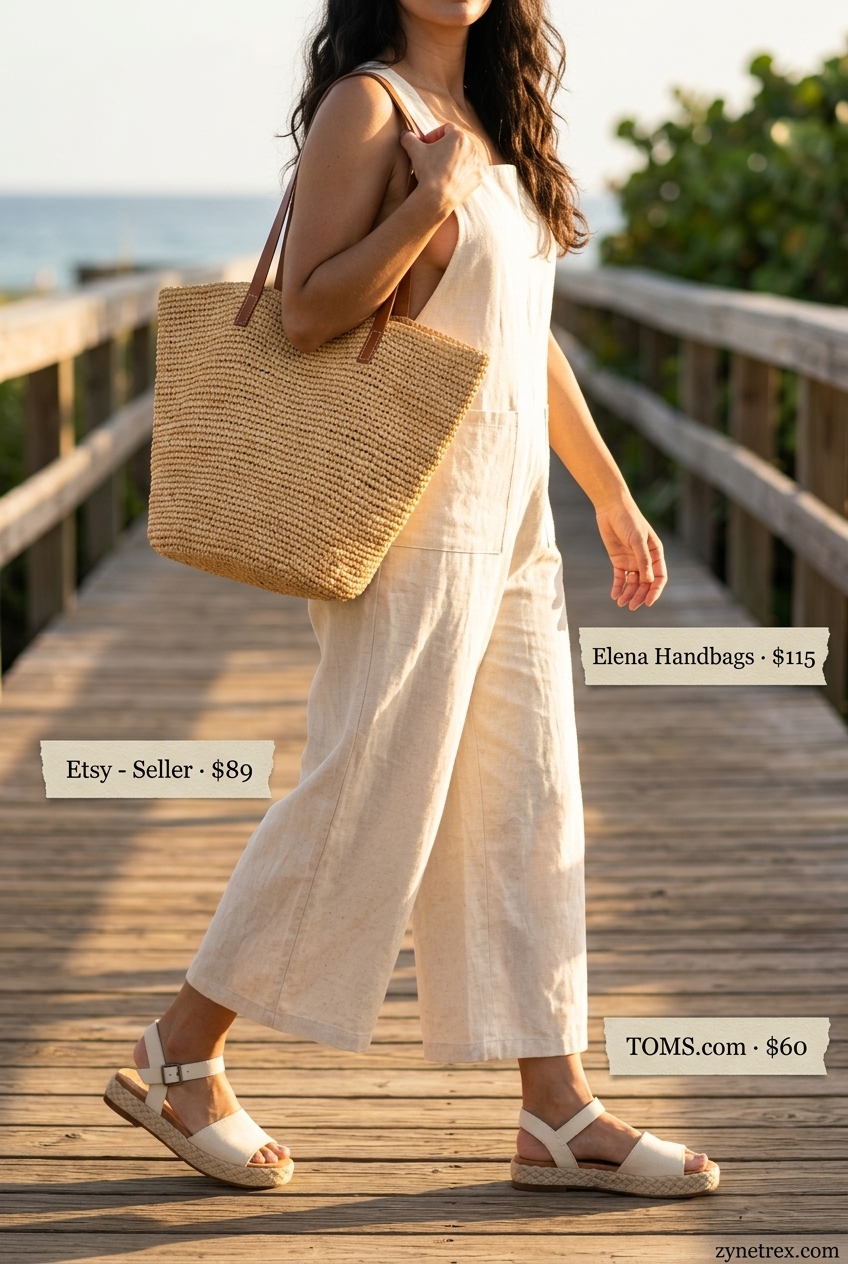 Cream linen wide-leg jumpsuit with coral floral accents for dressy summer jumpsuit outfits for women 2026 vacation wear.