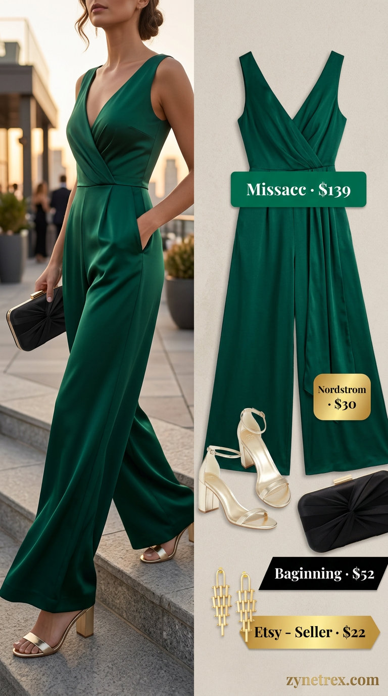 Emerald green wide-leg jumpsuit with gold earrings for dressy summer jumpsuit outfits for women 2026 evening events.