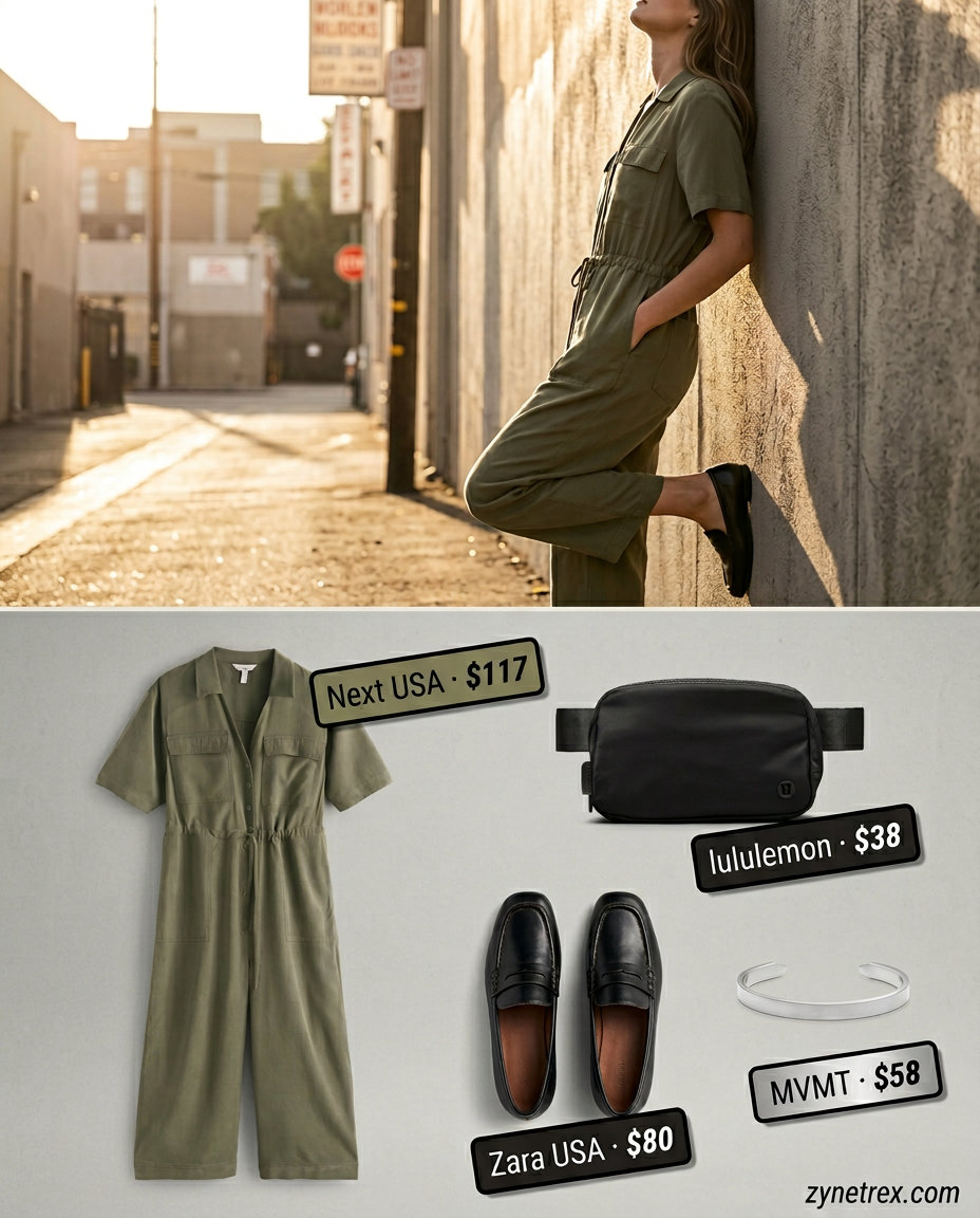 Olive green utility jumpsuit with loafers for dressy summer jumpsuit outfits for women 2026 urban chic exploration.