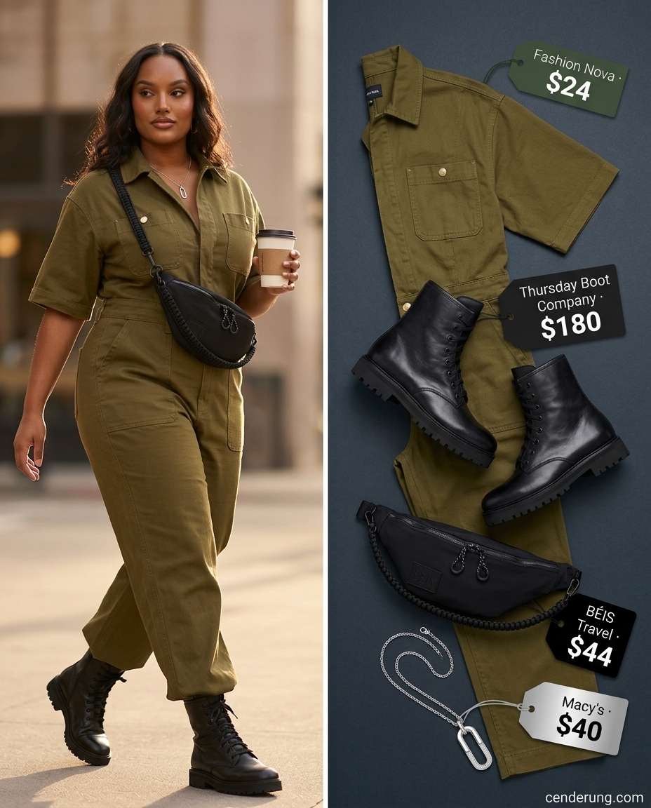 Olive green utility jumpsuit with combat boots for dressy summer jumpsuit outfits for women 2026 urban exploration.