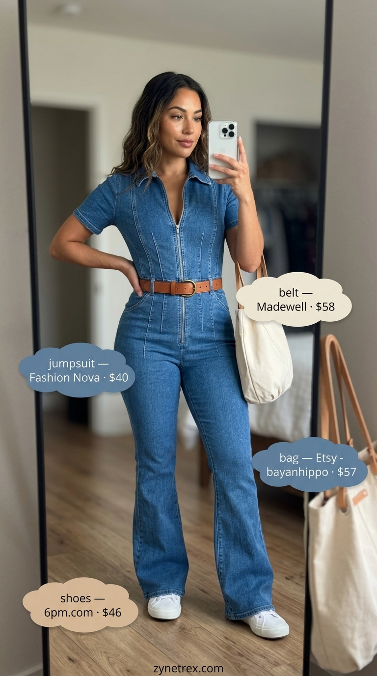 Denim short-sleeved jumpsuit with canvas sneakers for dressy summer jumpsuit outfits for women 2026 casual weekend wear.