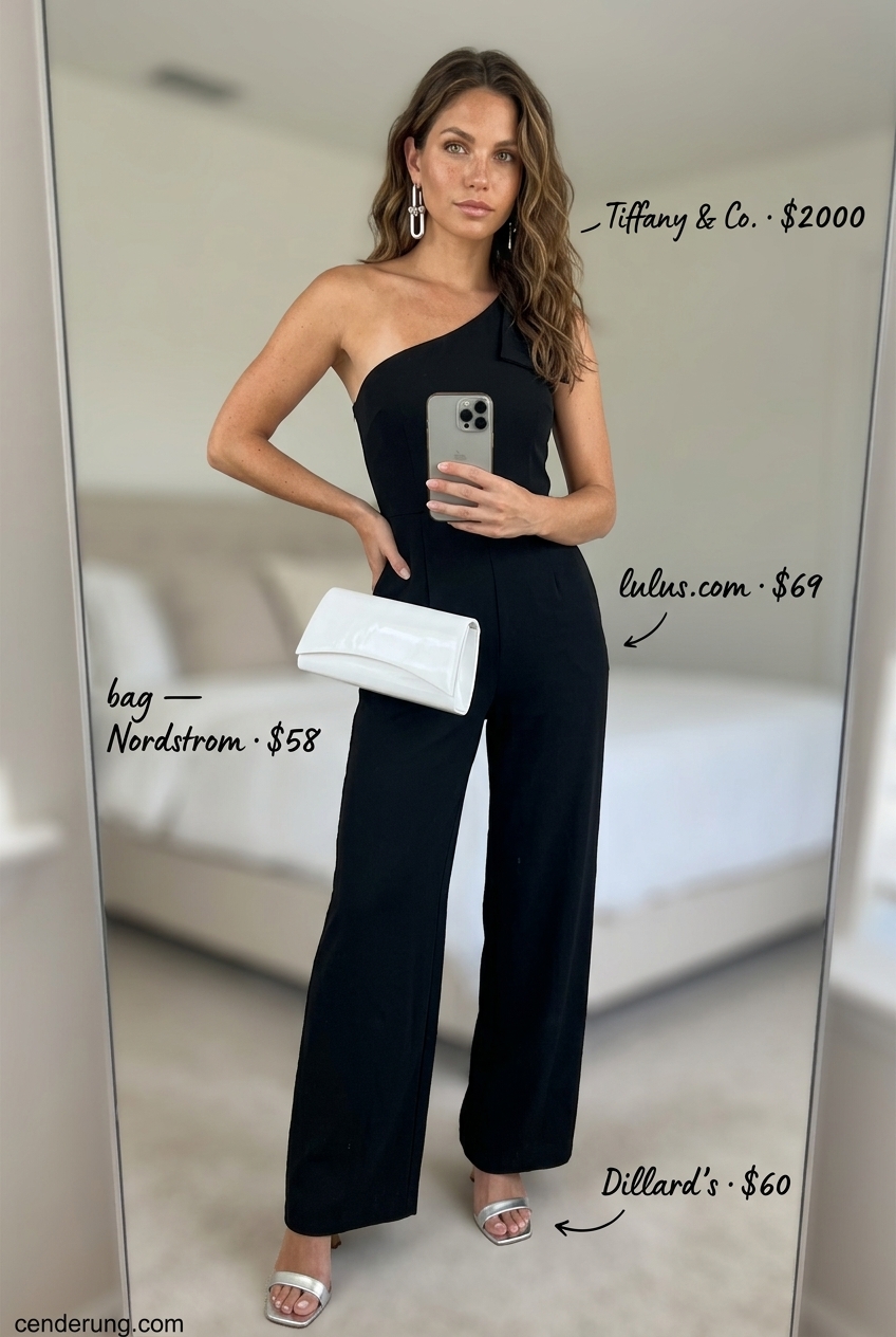Dressy summer jumpsuit outfits for women 2026: Black one-shoulder jumpsuit, silver heels for cocktail.