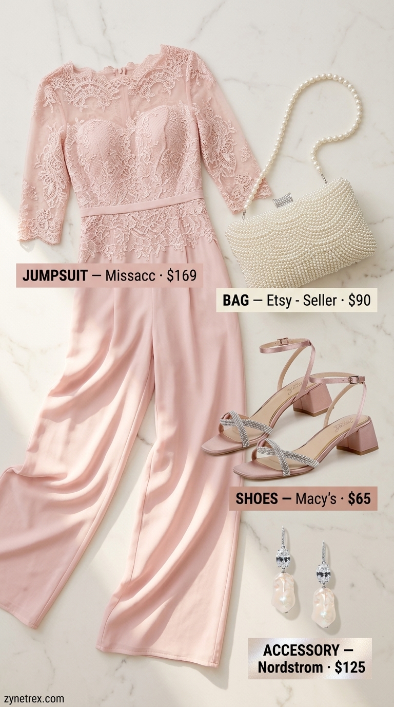 Dressy summer jumpsuit outfits for women 2026: Blush pink lace jumpsuit, pearl earrings for romance.