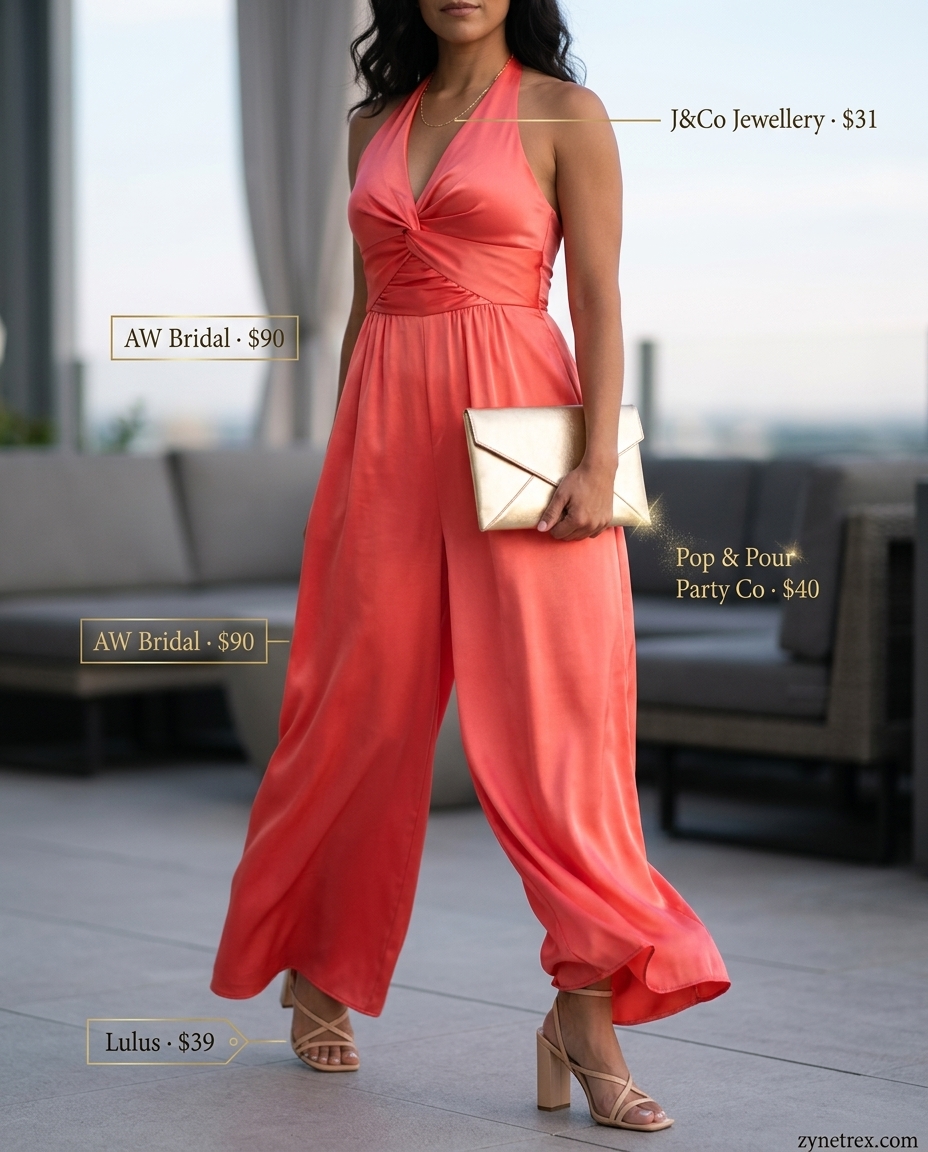 Dressy summer jumpsuit outfits for women 2026: Coral halter jumpsuit, gold necklace for evening.