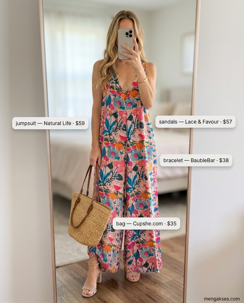 Dressy summer jumpsuit outfits for women 2026: Floral jumpsuit, block heels, straw bag for garden party.