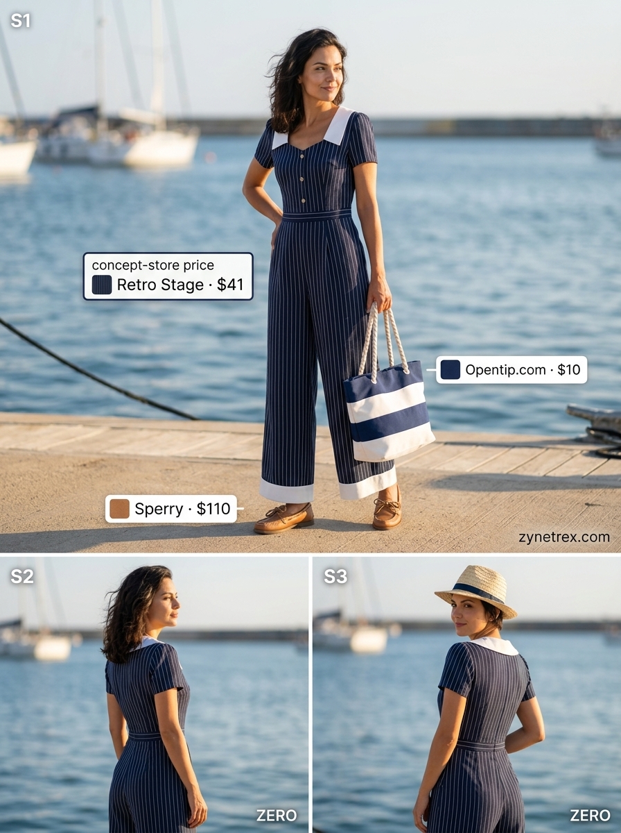 Dressy summer jumpsuit outfits for women 2026: Navy striped jumpsuit, boat shoes for coastal outing.