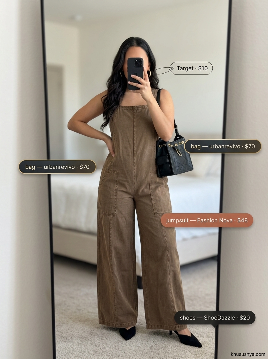 Dressy summer jumpsuit outfits for women 2026: Terracotta slip dress, gold hoops, black mules for evening.