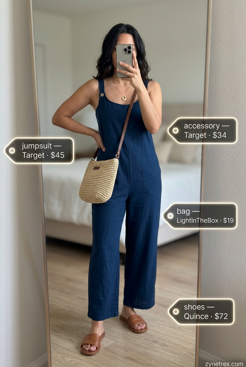 Dressy summer jumpsuit outfits for women 2026: White maxi dress, flat slides, straw bag for resort.