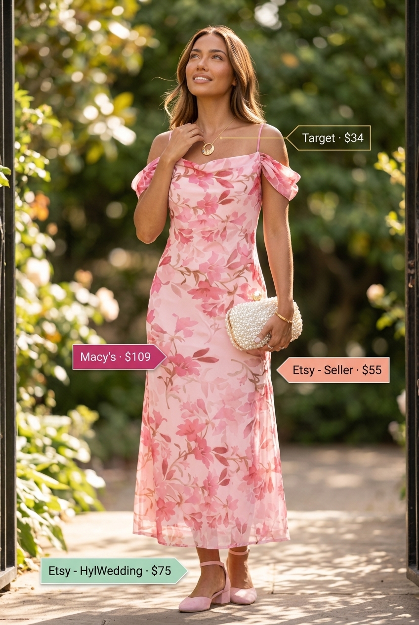 Pastel floral midi dress with block heels for dressy summer outfits for women 2026 garden parties.