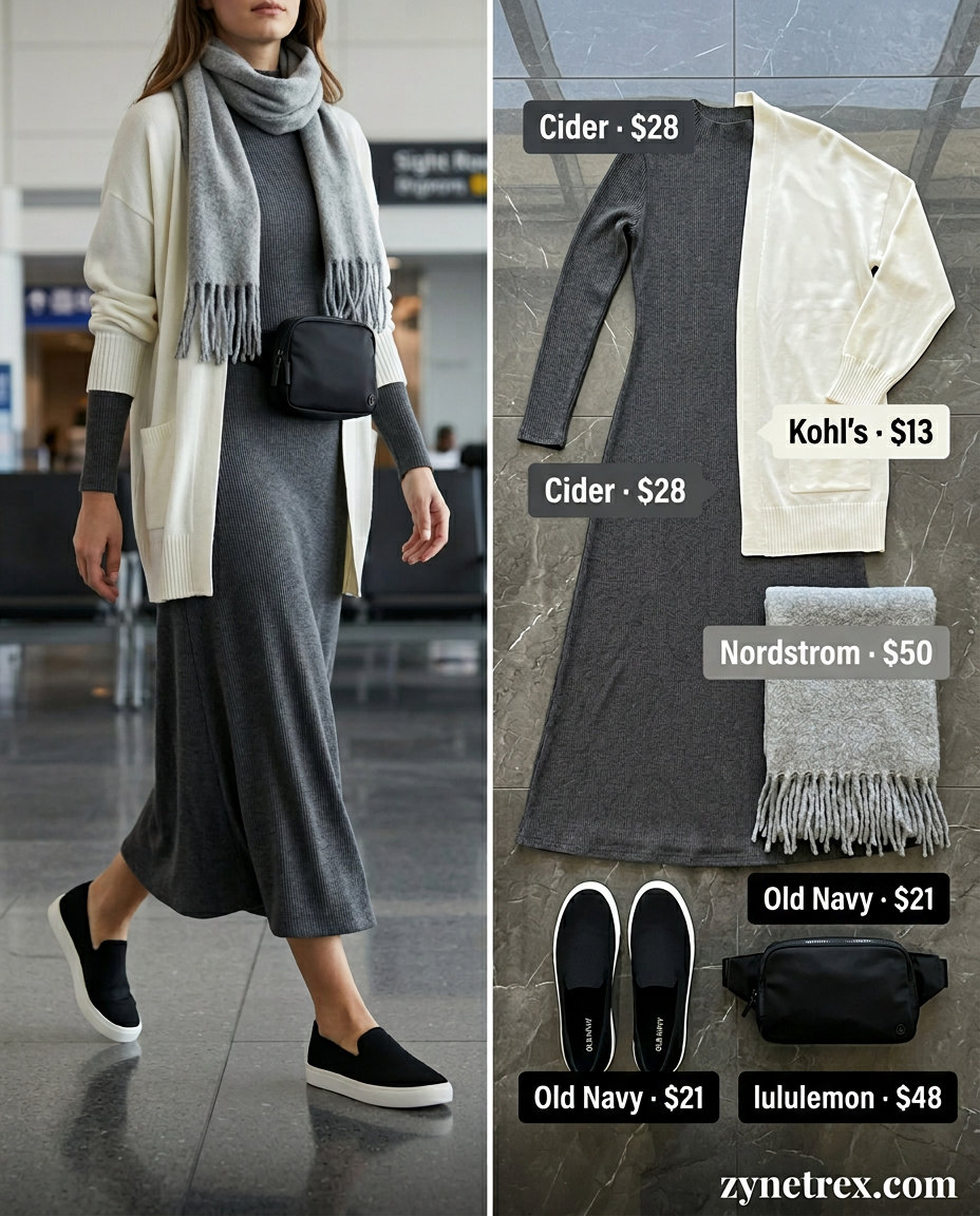 Easy airport outfits summer for women 2026: Charcoal maxi dress, cardigan, sneakers, and belt bag for travel comfort.
