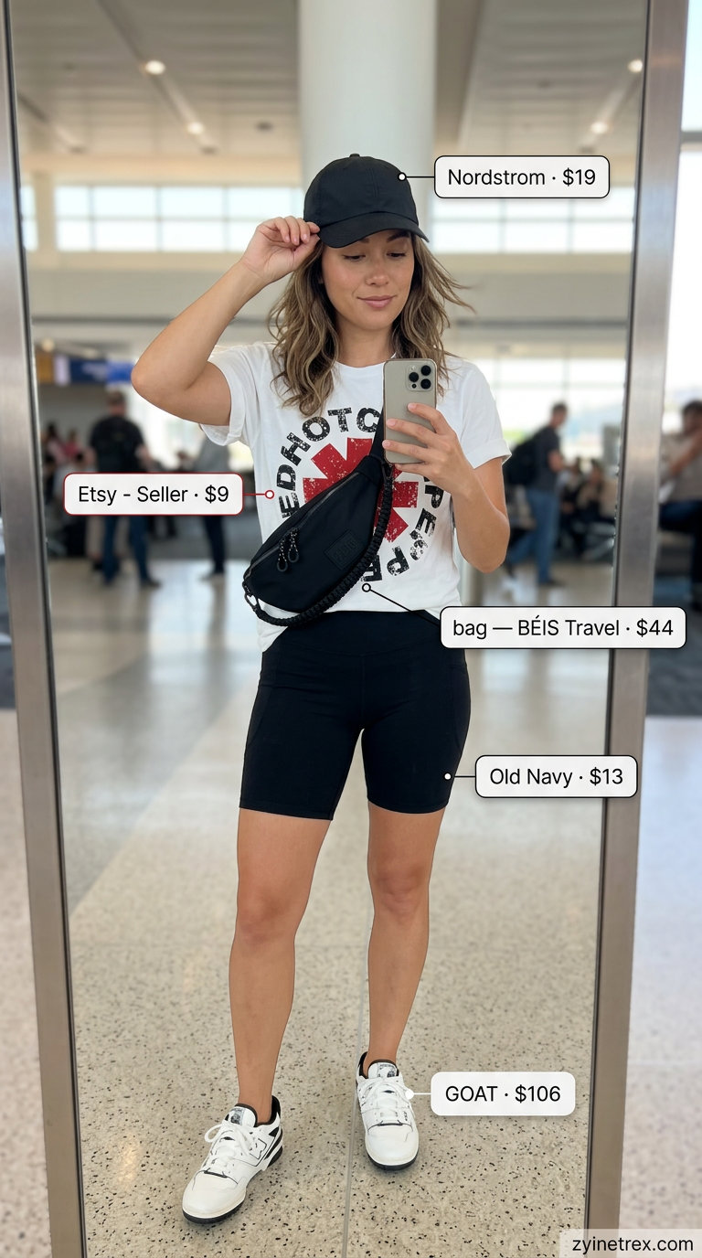 Easy airport outfits summer for women 2026: Elevated athleisure with biker shorts, graphic tee, and baseball cap.