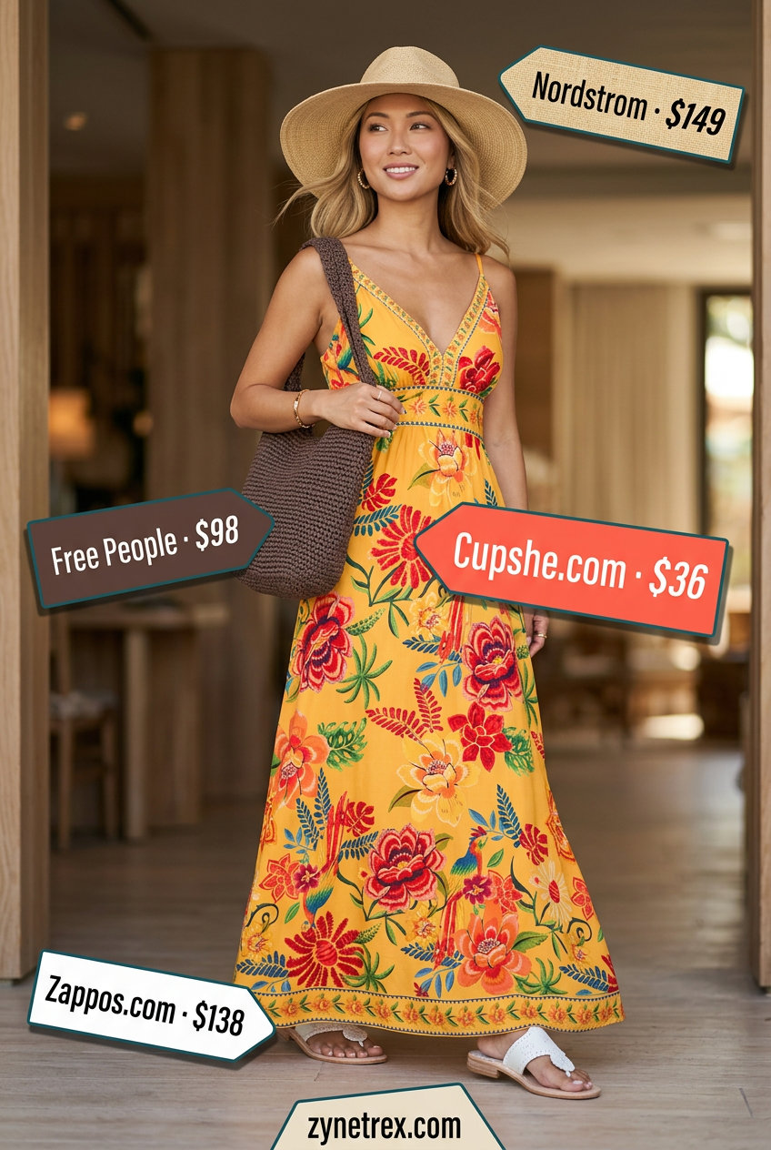 Easy airport outfits summer for women 2026: Teal floral maxi dress, straw hat, tote, and flat sandals for beach vacation.