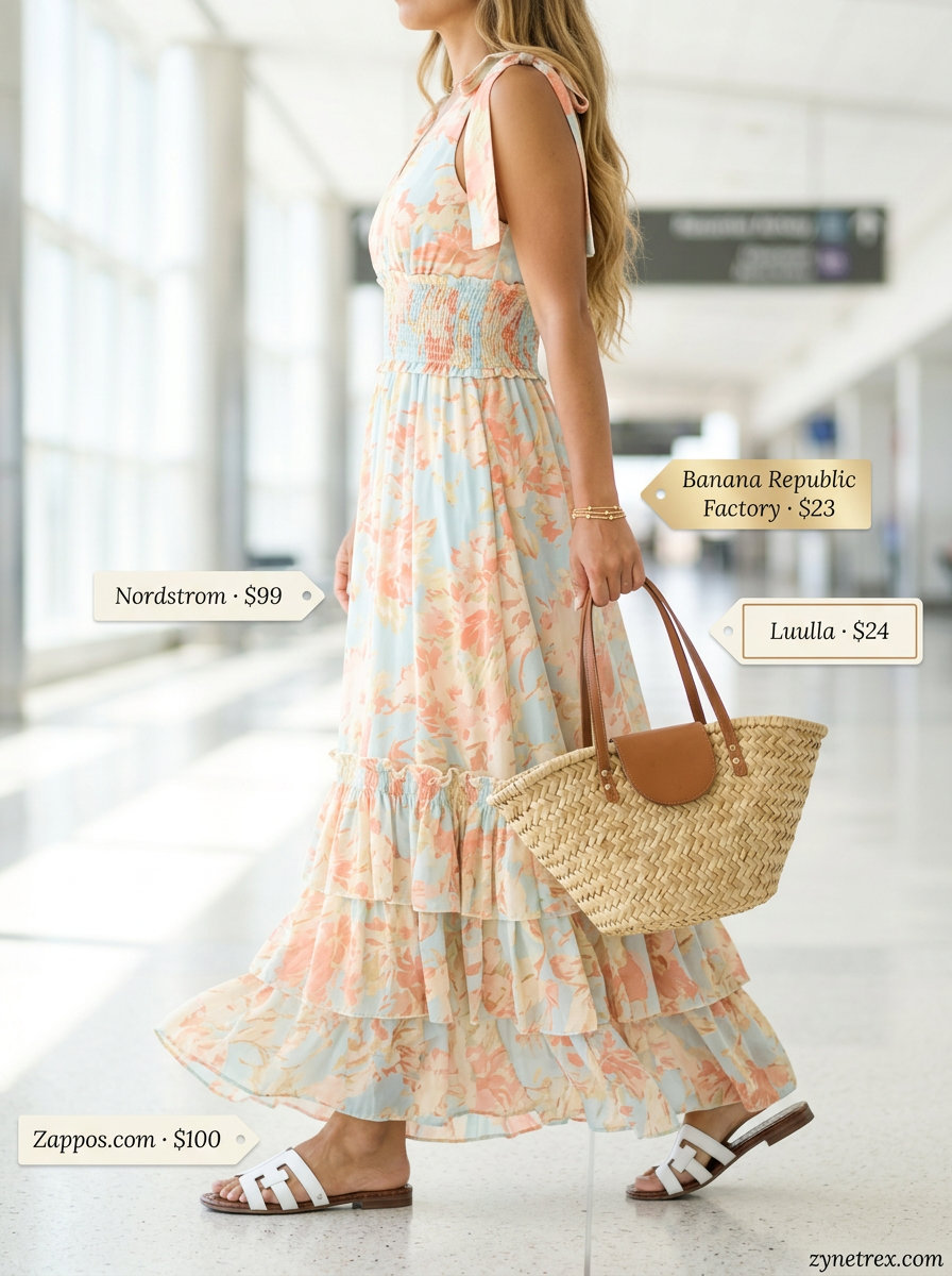 Coral floral maxi dress with flat sandals and straw tote for easy airport outfits summer for women 2026.