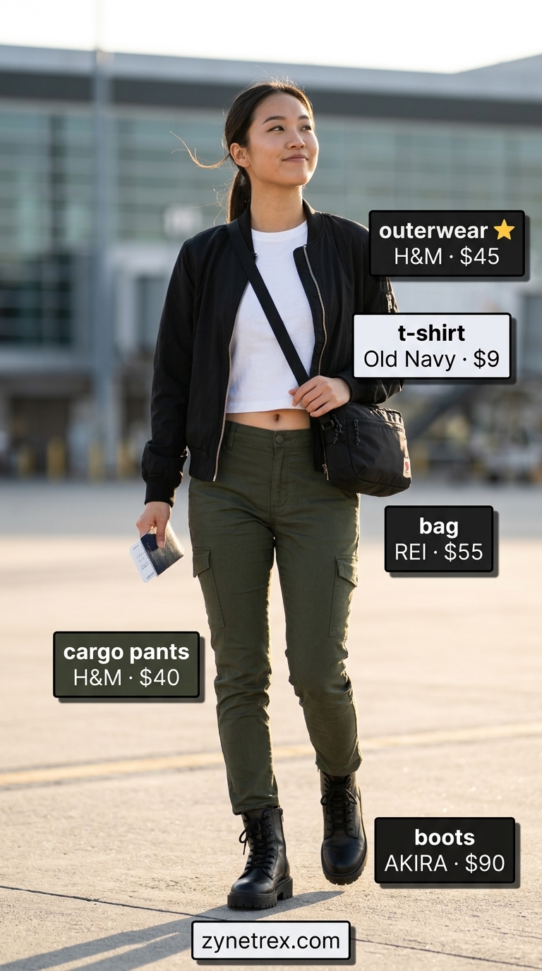 Easy airport outfits summer for women 2026: Olive cargo pants, black tee, bomber jacket, and combat boots.