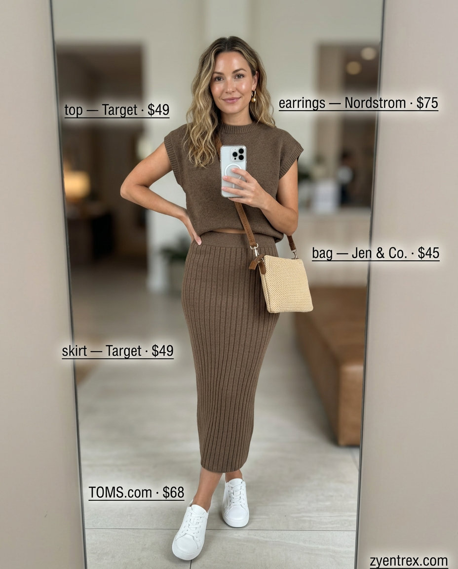 Cream ribbed knit set with white sneakers and gold earrings for easy airport outfits summer for women 2026.