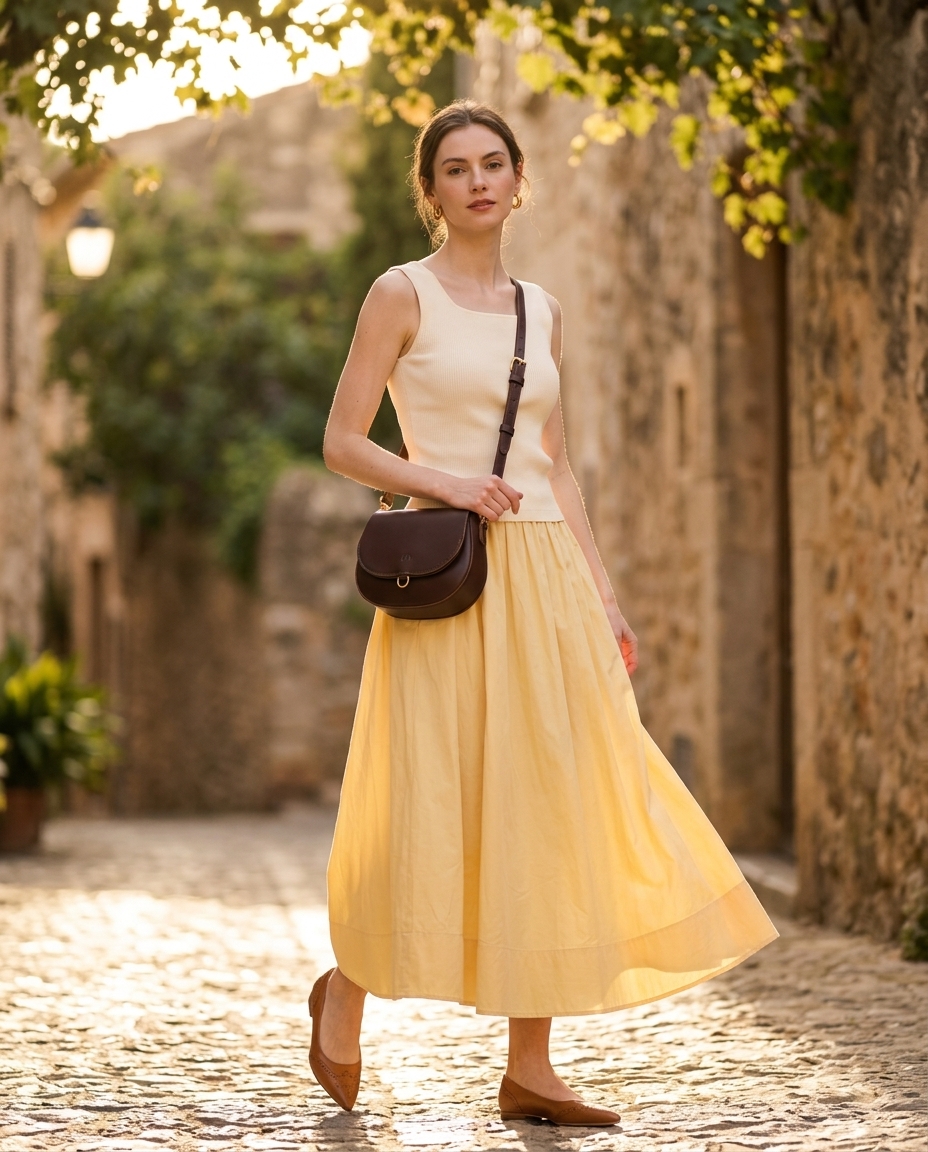 Mustard yellow midi skirt with cream knit top and leather flats for easy airport outfits summer for women 2026.