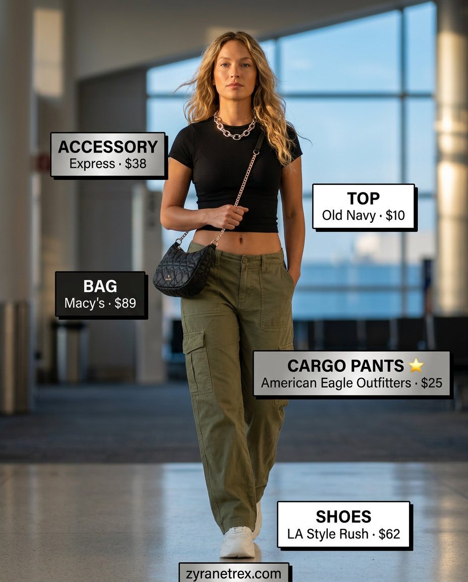 Easy airport outfits summer for women 2026: Olive cargo pants, black tee, platform sneakers for a trendy look.