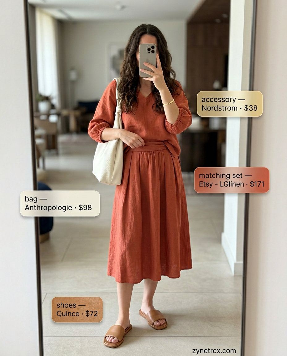 Easy airport outfits summer for women 2026: Terracotta linen co-ord set, hobo bag, and slide sandals for vacation.