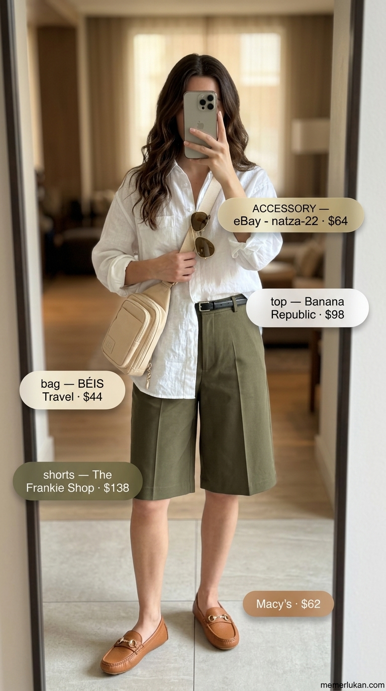Easy airport outfits summer for women 2026: White linen shirt, olive Bermuda shorts, loafers, and crossbody bag for city breaks.