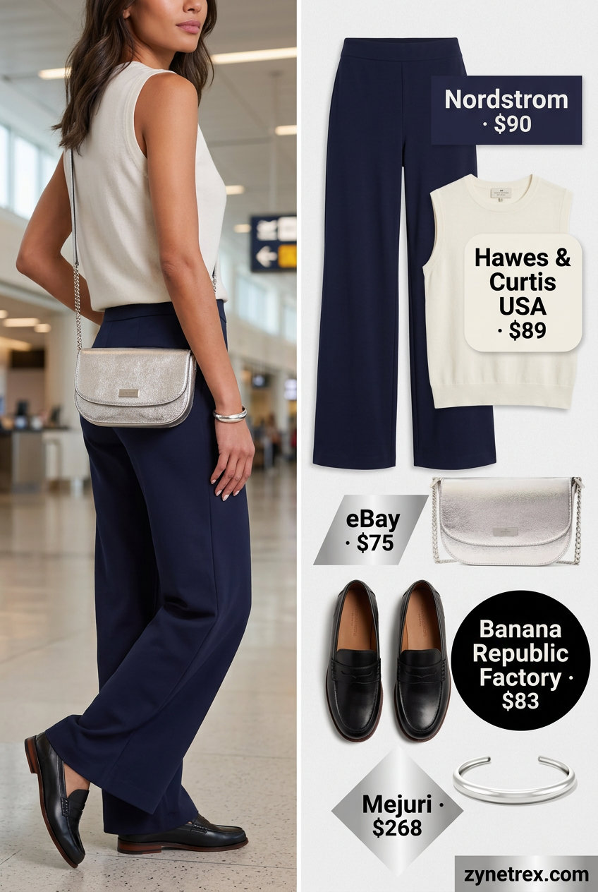 Navy wide-leg trousers with ivory knit top and leather loafers for easy airport outfits summer for women 2026.