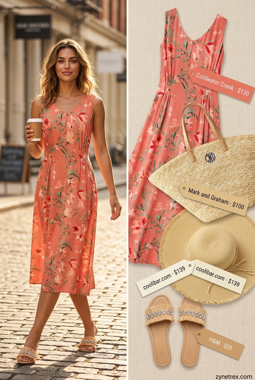 Easy airport outfits summer for women 2026: Flowy coral & teal floral maxi dress, straw hat & tote for beach vacation.