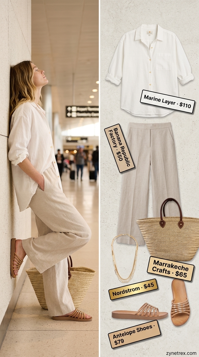 Off-white linen shirt and wide-leg pants with leather slides for easy airport outfits summer for women 2026.