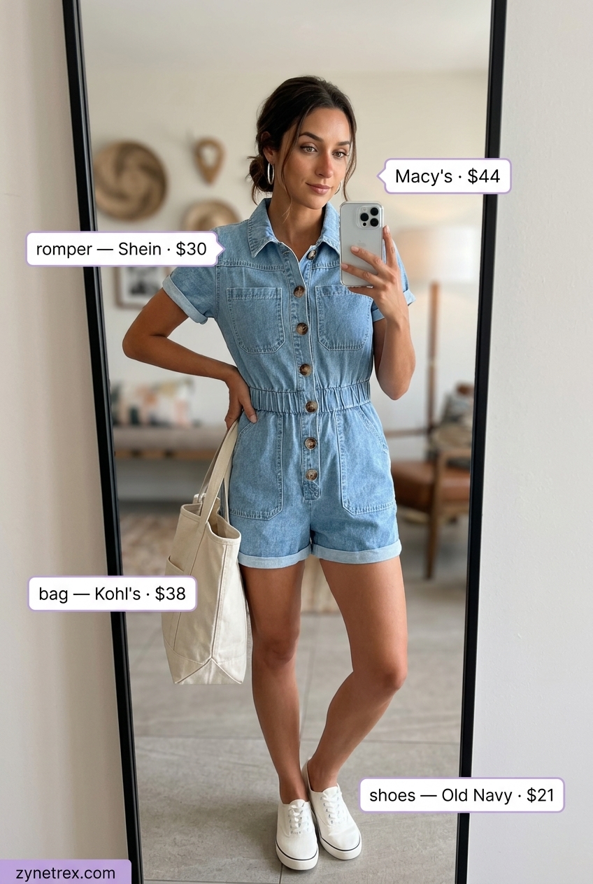 Easy airport outfits summer for women 2026: Denim romper with canvas sneakers and tote bag for effortless travel.