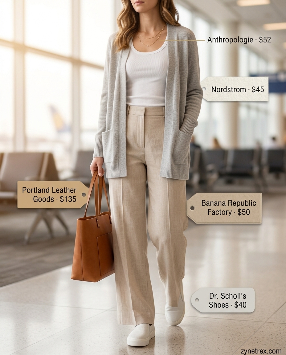 Easy airport outfits summer for women 2026: Beige linen pants, white tank, cardigan, sneakers, and tote for travel.