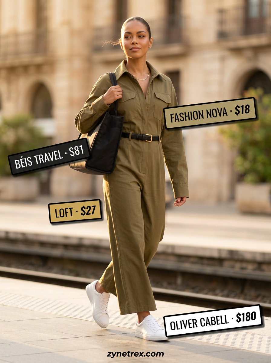 Khaki utility jumpsuit with white sneakers and a canvas tote for easy airport outfits summer for women 2026.