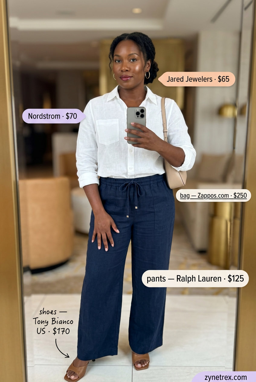 Easy airport outfits summer for women 2026: Navy linen pants, white shirt, heeled mules for sophisticated travel.