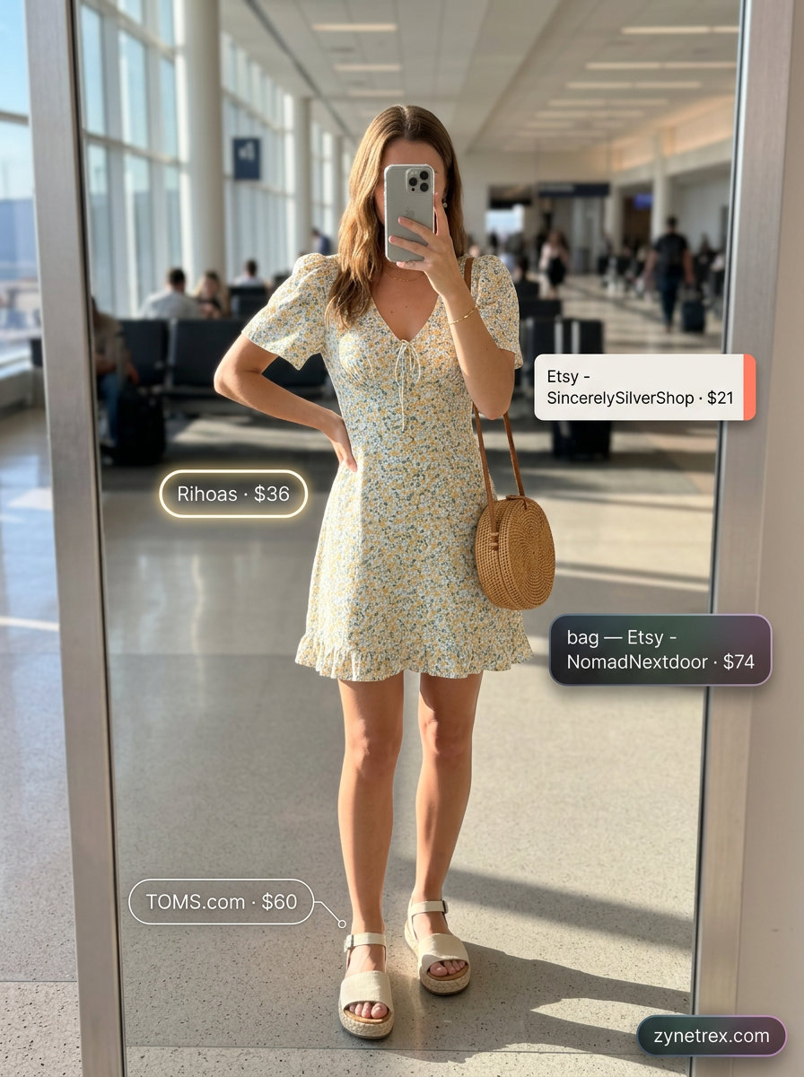 Yellow floral mini sundress with espadrilles and straw bag for easy airport outfits summer for women 2026.