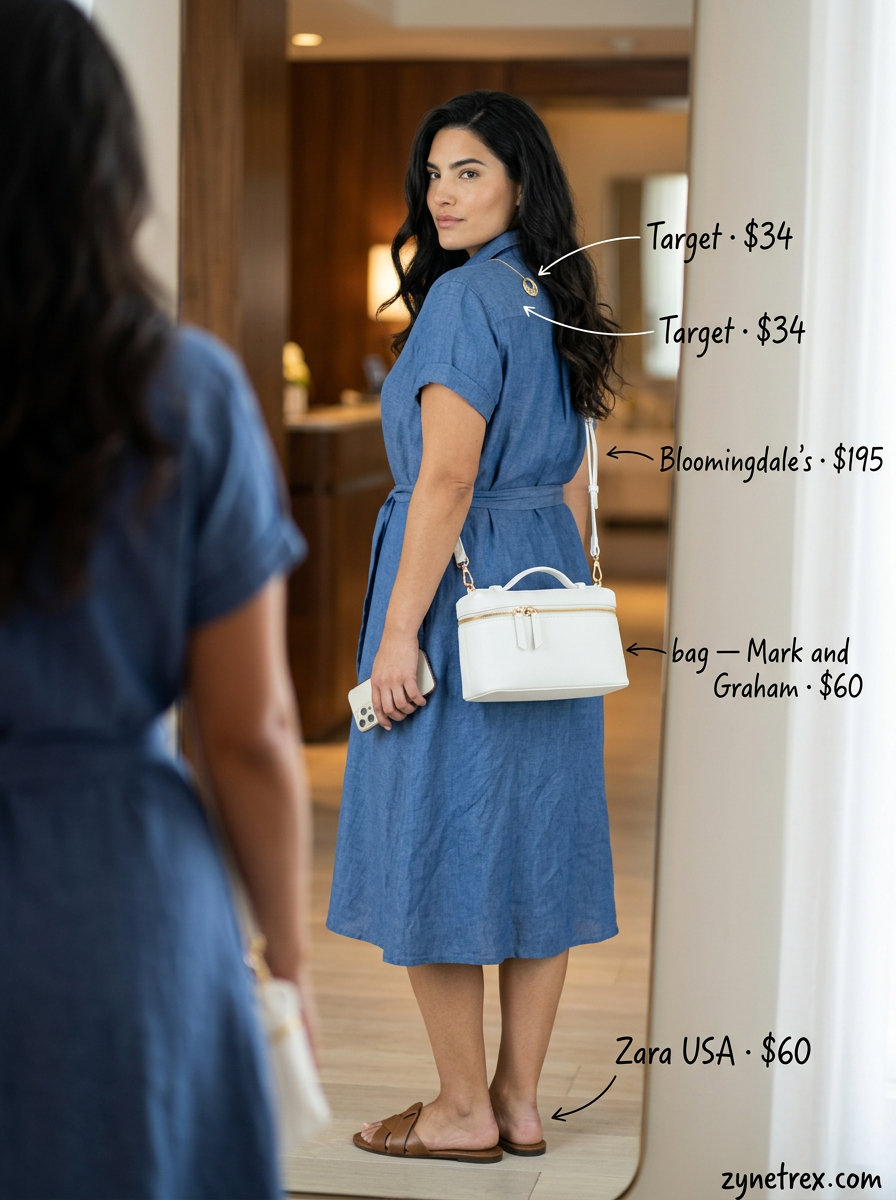 Light blue linen shirtdress with tan sandals and crossbody bag for easy airport outfits summer for women 2026.