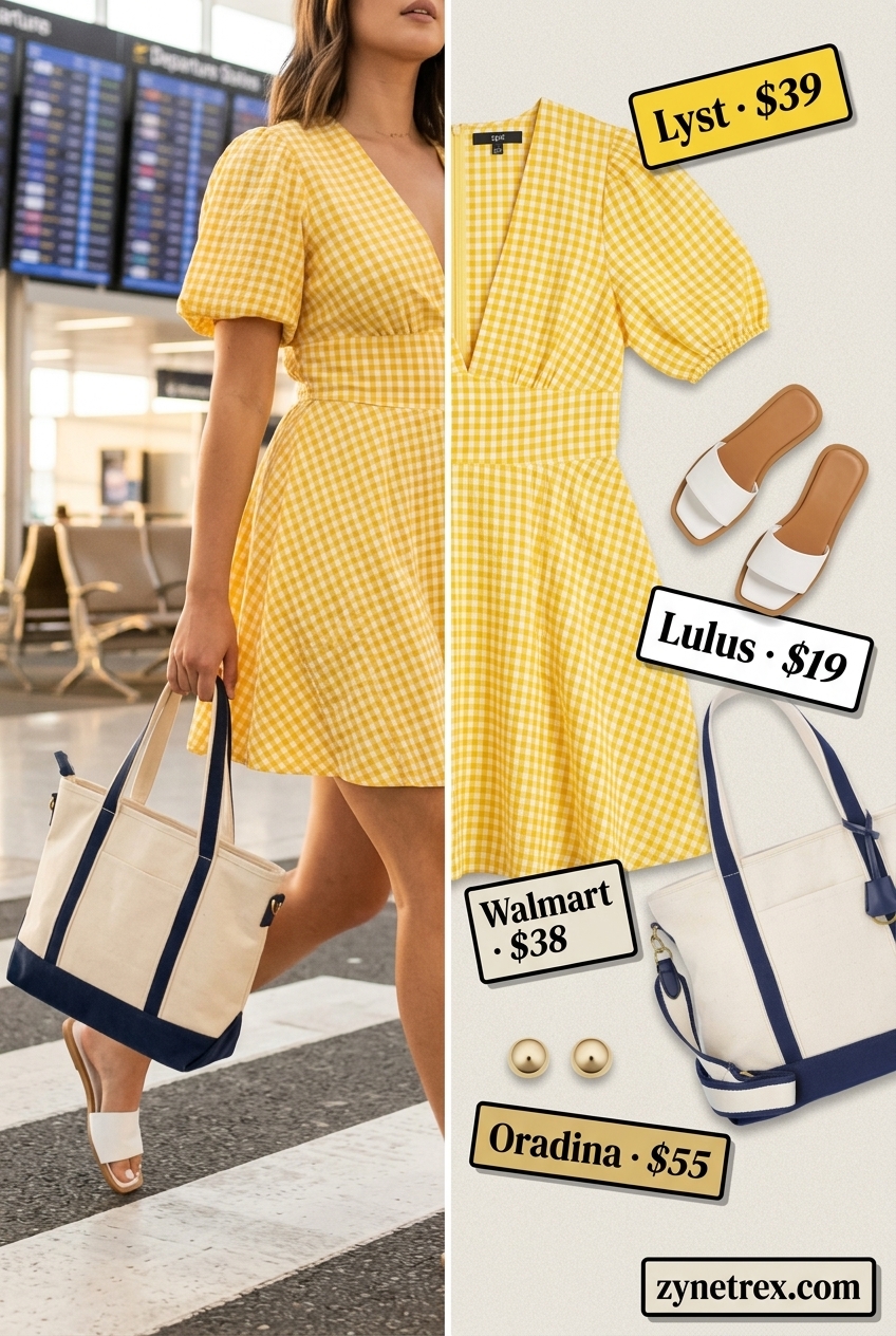 Easy airport outfits summer for women 2026: Yellow gingham sundress, white slides, and canvas tote for a casual day.