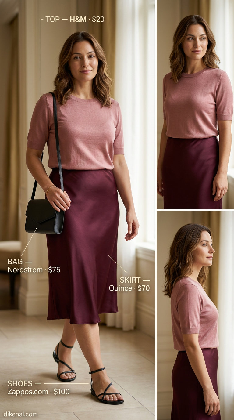 Easy airport outfits summer for women 2026: Burgundy satin slip skirt, cream knit top, and minimalist sandals for evening.