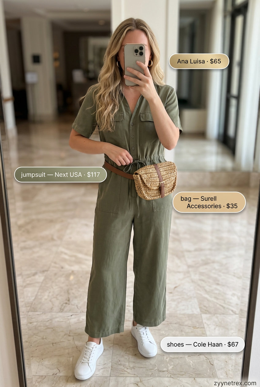 Easy airport outfits summer for women 2026: Khaki utility jumpsuit, white sneakers, and woven belt bag for travel.