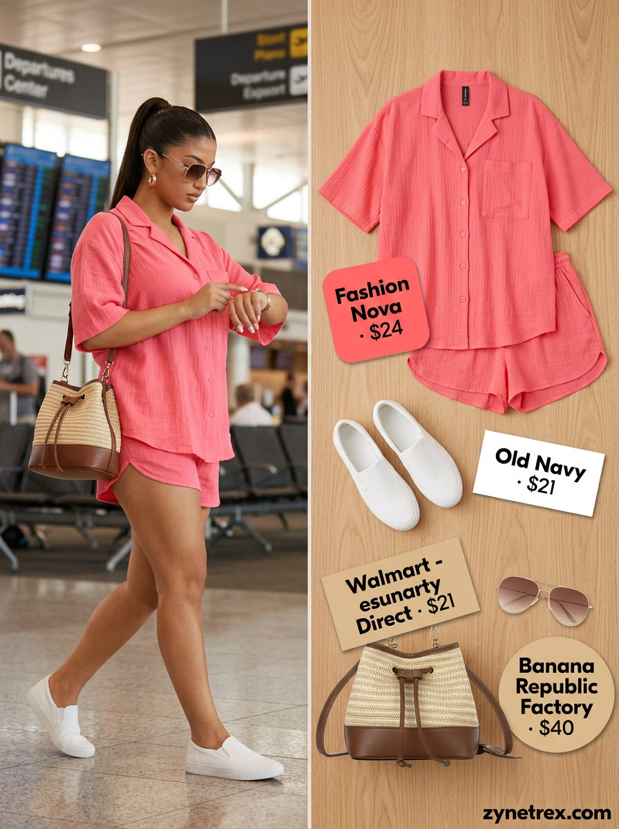 Easy airport outfits summer for women 2026: Coral pink matching set, crossbody bag, and canvas sneakers for travel.