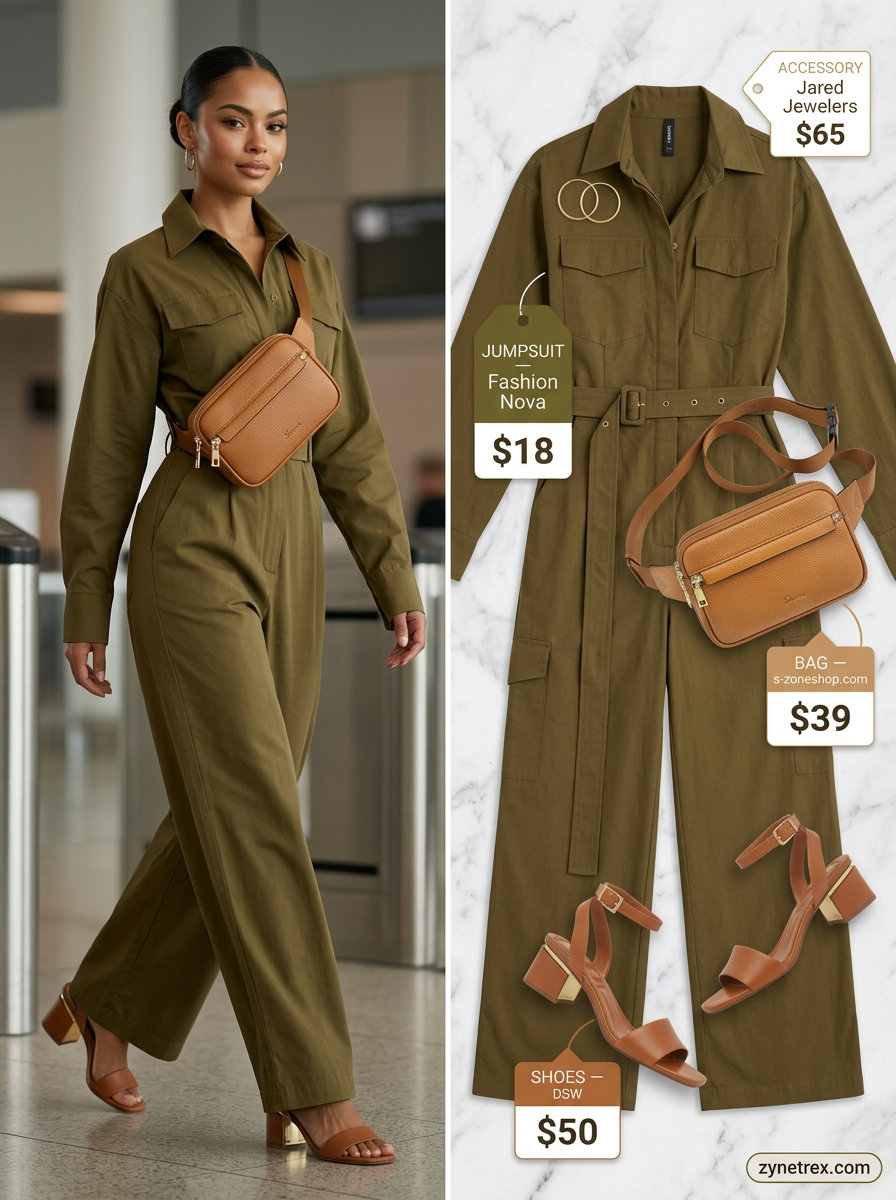 Easy airport outfits summer for women 2026: Khaki utility jumpsuit, leather belt bag, and block heel sandals for weekend travel.