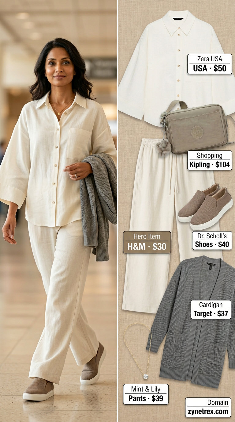 Easy airport outfits summer for women 2026: Beige wide-leg pants, oversized shirt, knit cardigan for comfortable travel.