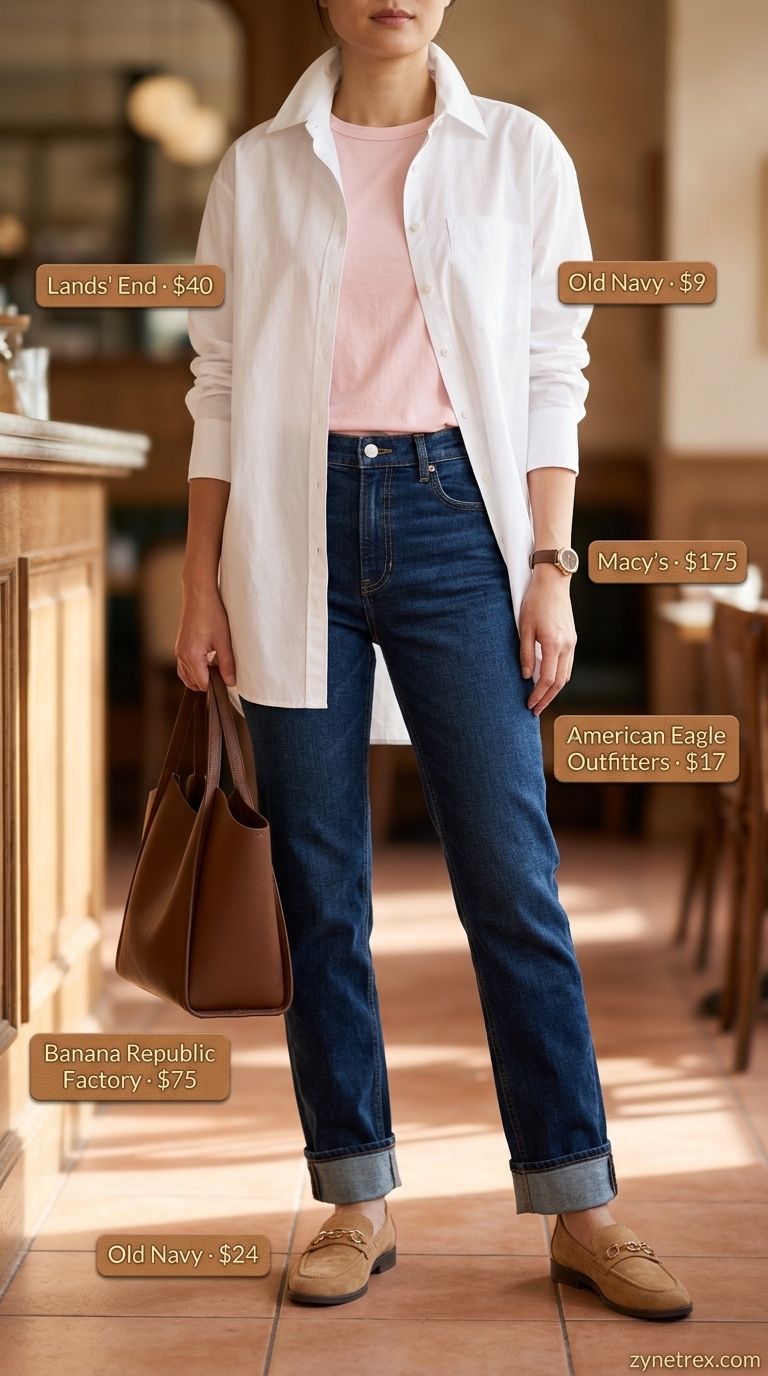 Elegant Modest Summer Outfits 2026: Casual Friday Jeans Elegant modest summer outfits for women 2026: Dark wash jeans, white tunic, and loafers for casual Friday refinement.